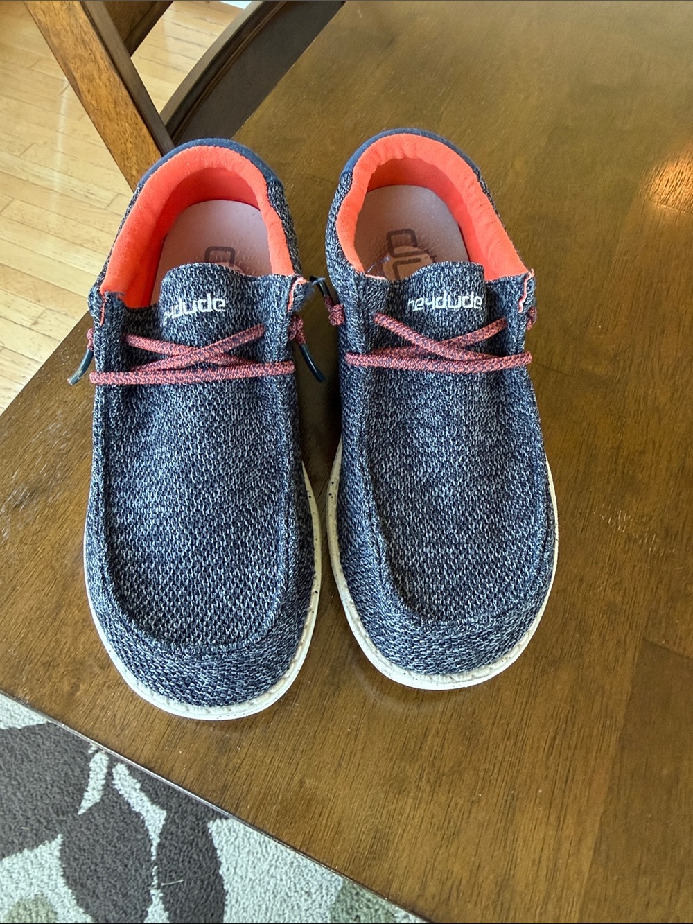 Hey Dude Kids Navy Knit Slip-Ons with Coral Lining and Pink Laces